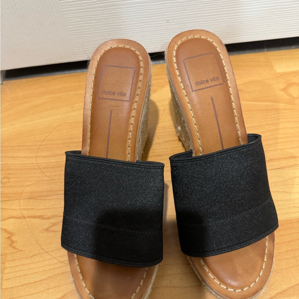 Dolce Vita Black Wide-Strap Wedge Slides